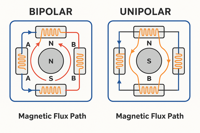 Magnetic flux paths of bipolar and unipolar stepper motor windings